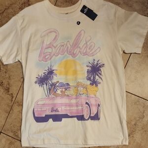 Hollister Barbie White Tee with Pink Convertible and Yellow Sunset Graphic